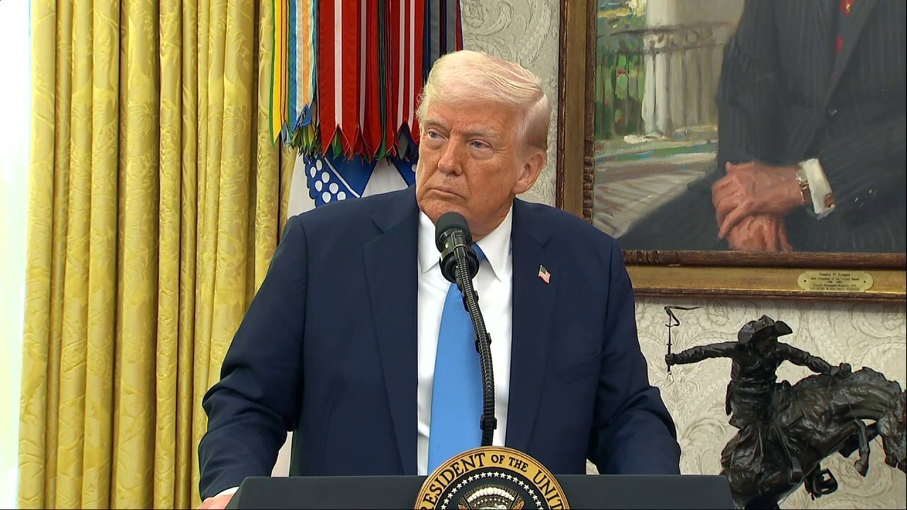 President Donald Trump draws laughter during a news conference in the Oval Office