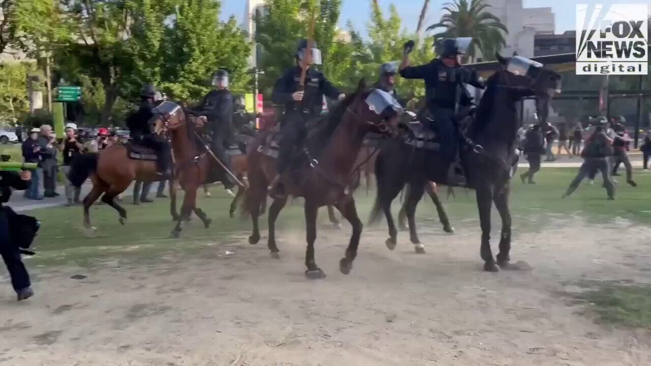 LAPD officers on horseback push back protesters outside of City Hall