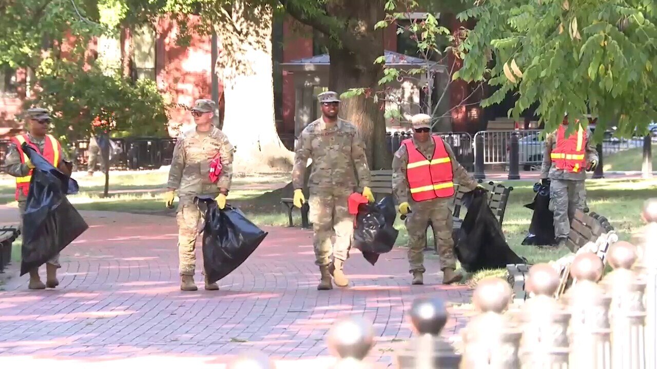 National Guardsmen deployed to Washington, D.C. clear trash near White House