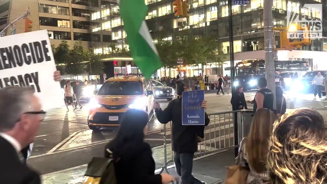 Anti-Israel protesters rail against Kamala Harris at launch of nationwide book tour.