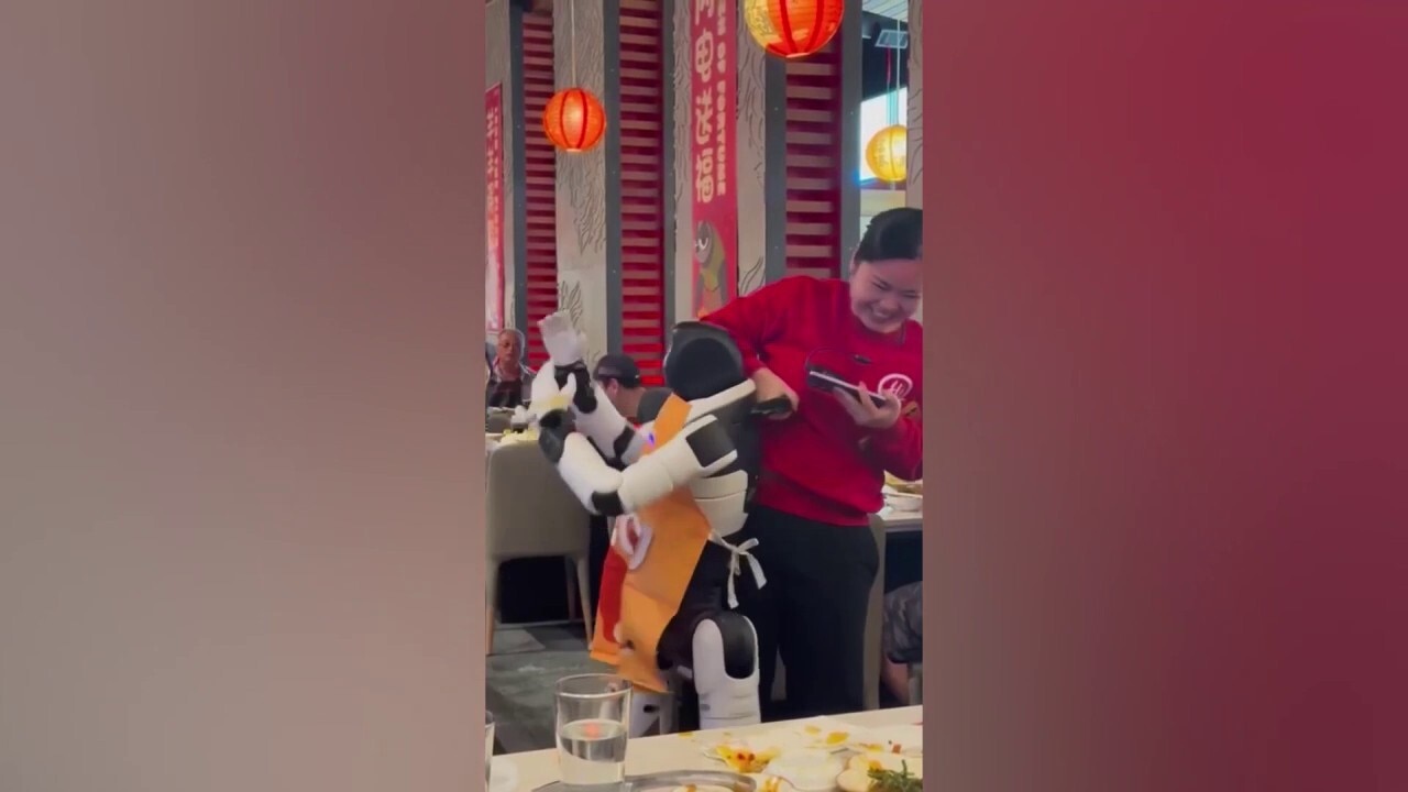 Staff struggle to restrain out-of-control dancing robot as it knocks over tableware in California