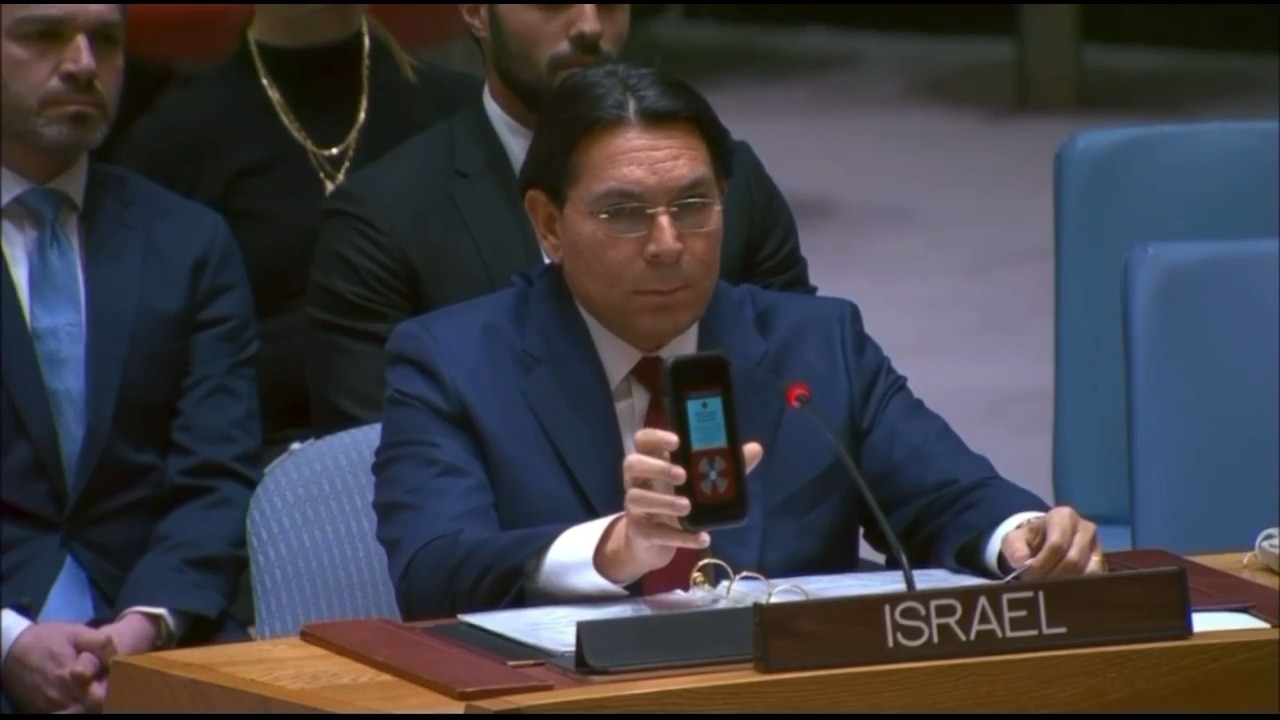 Israeli ambassador sounds missile alarm during UN Security Council meeting