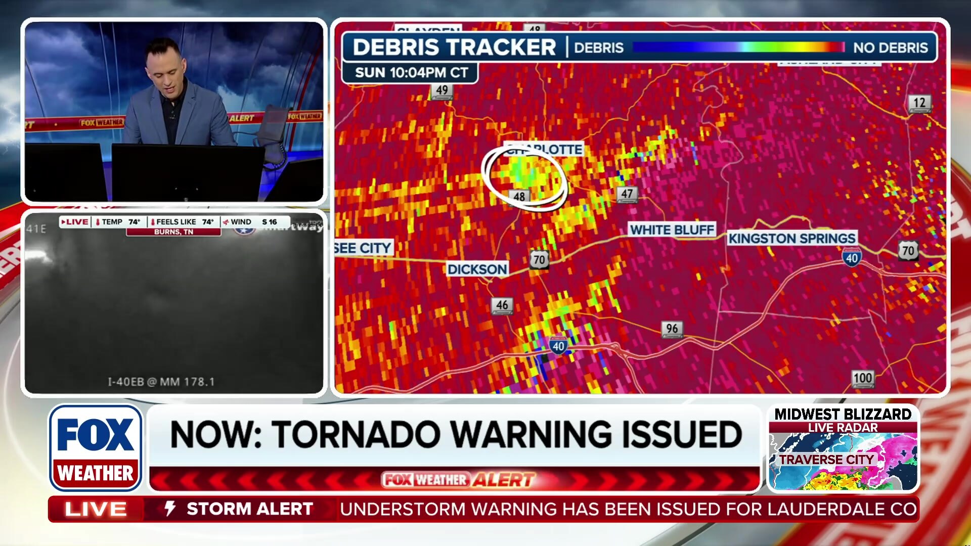 Strong rotation on velocity radar indicates tornado activity near Charlotte, Tennessee
