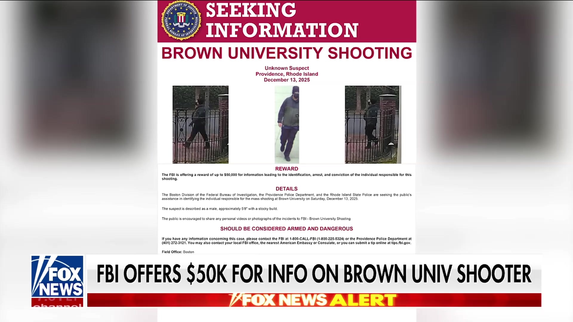 Watch FBI offers $50K reward for Brown University shooter, police ...