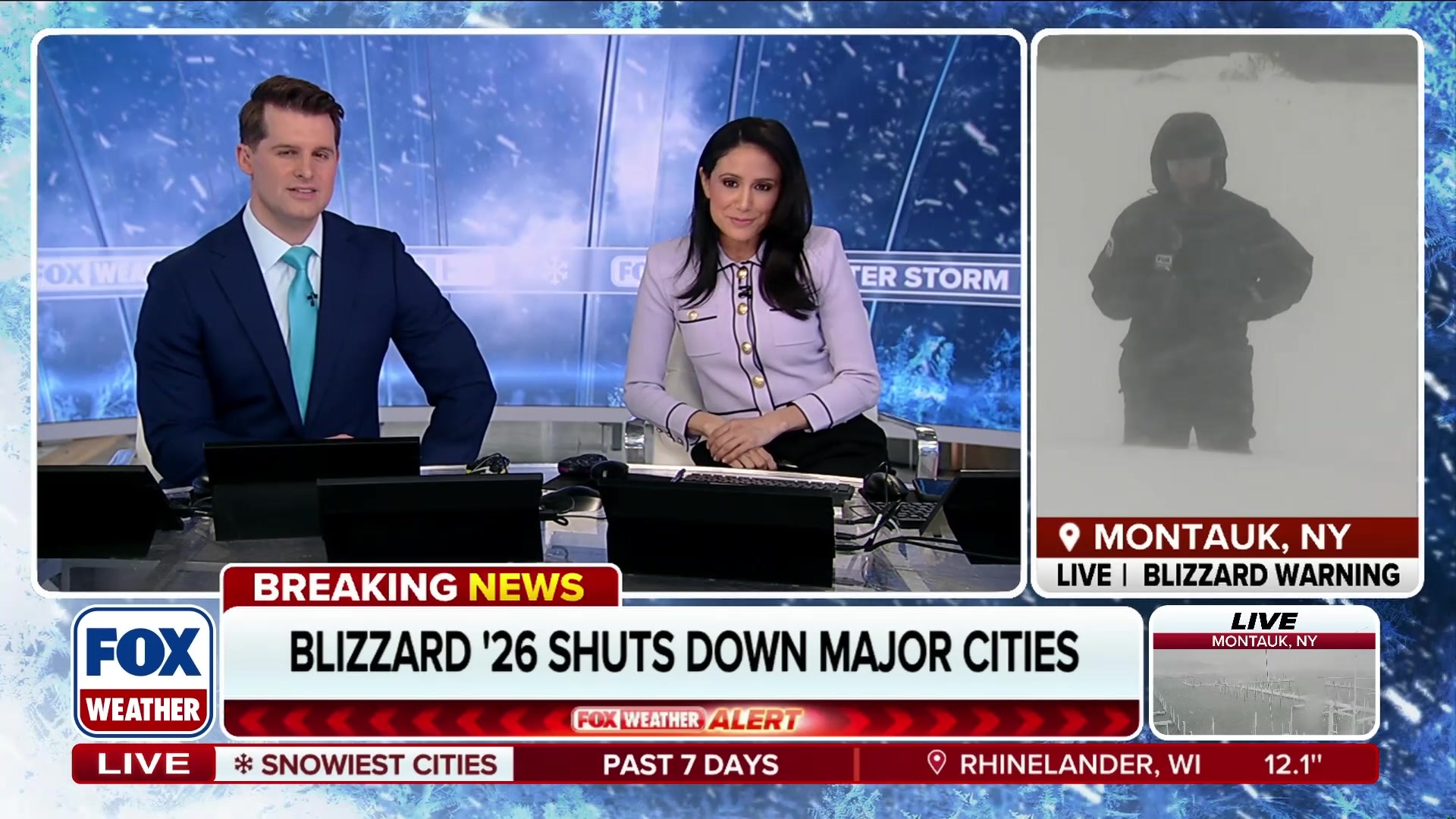Fox Weather reporter demonstrates extreme snow depth by falling into a drift in Montauk