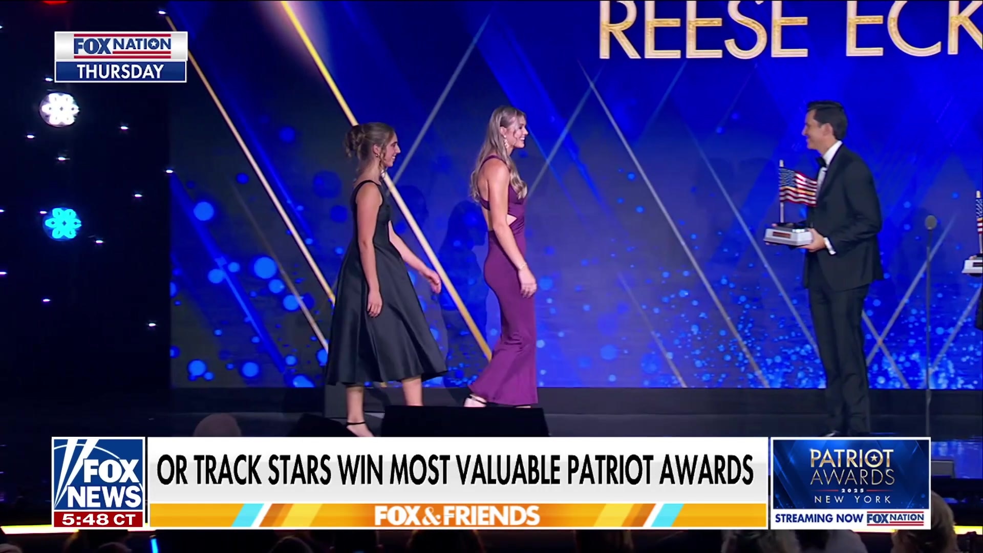 Oregon track stars Alexa Anderson and Reese Eckard accept Patriot Awards for defending women's sports