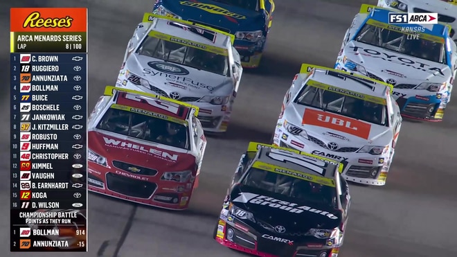 Carson Brown passes Gio Ruggiero for the lead at Kansas Speedway