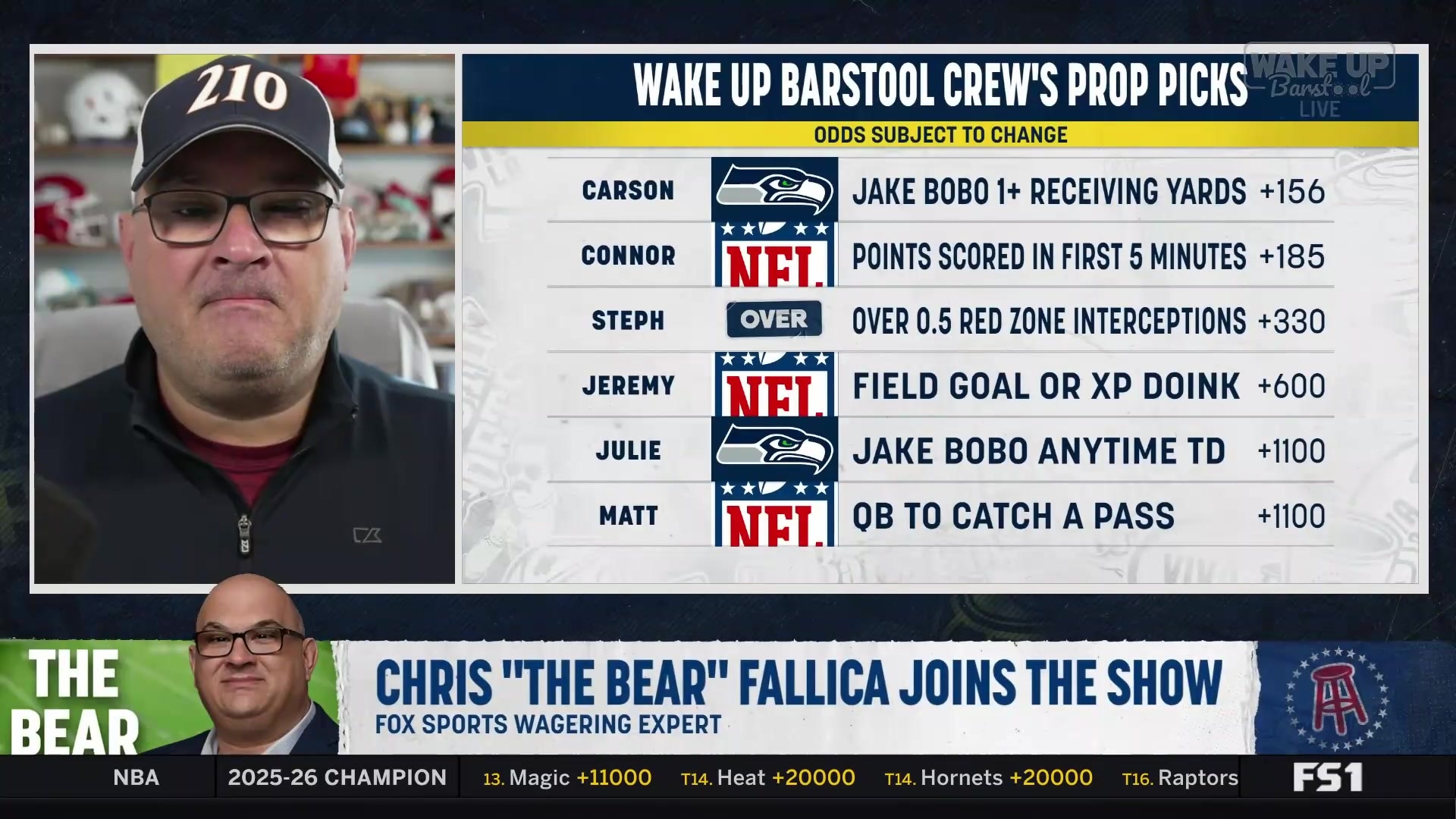 Chris "The Bear" Fallica reviews Wake Up Barstool crew's Super Bowl prop picks