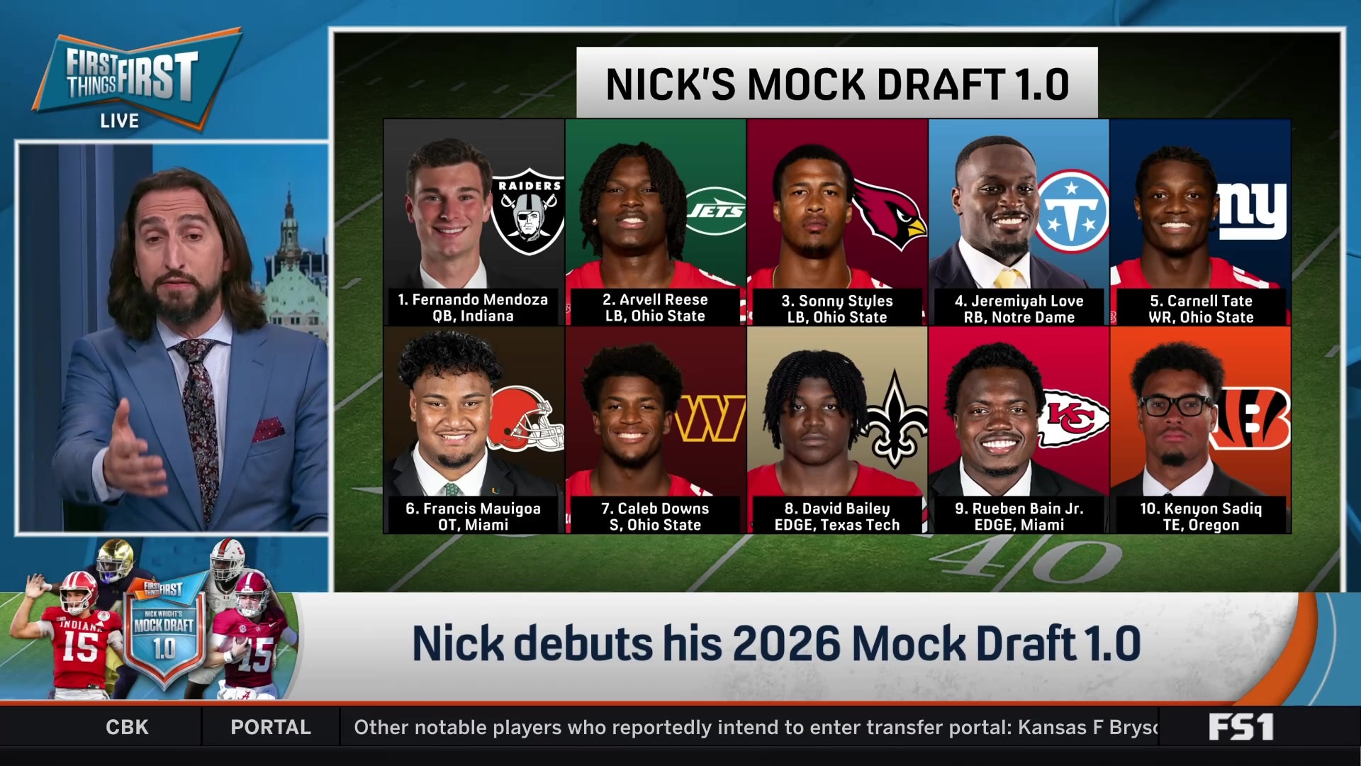Nick Wright reveals Top 10 Picks of his 2026 NFL Mock Draft 1.0