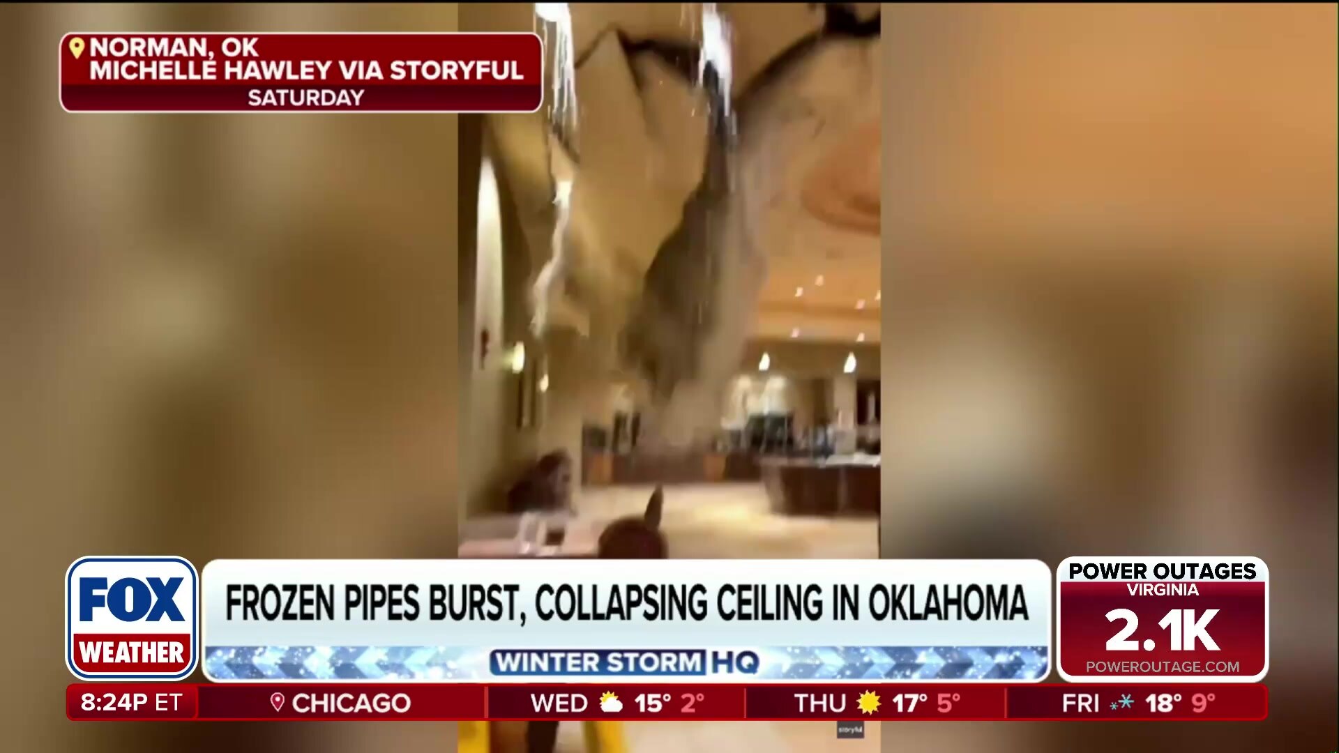 Dramatic video shows frozen pipes bursting and ceiling collapsing in Oklahoma hotel
