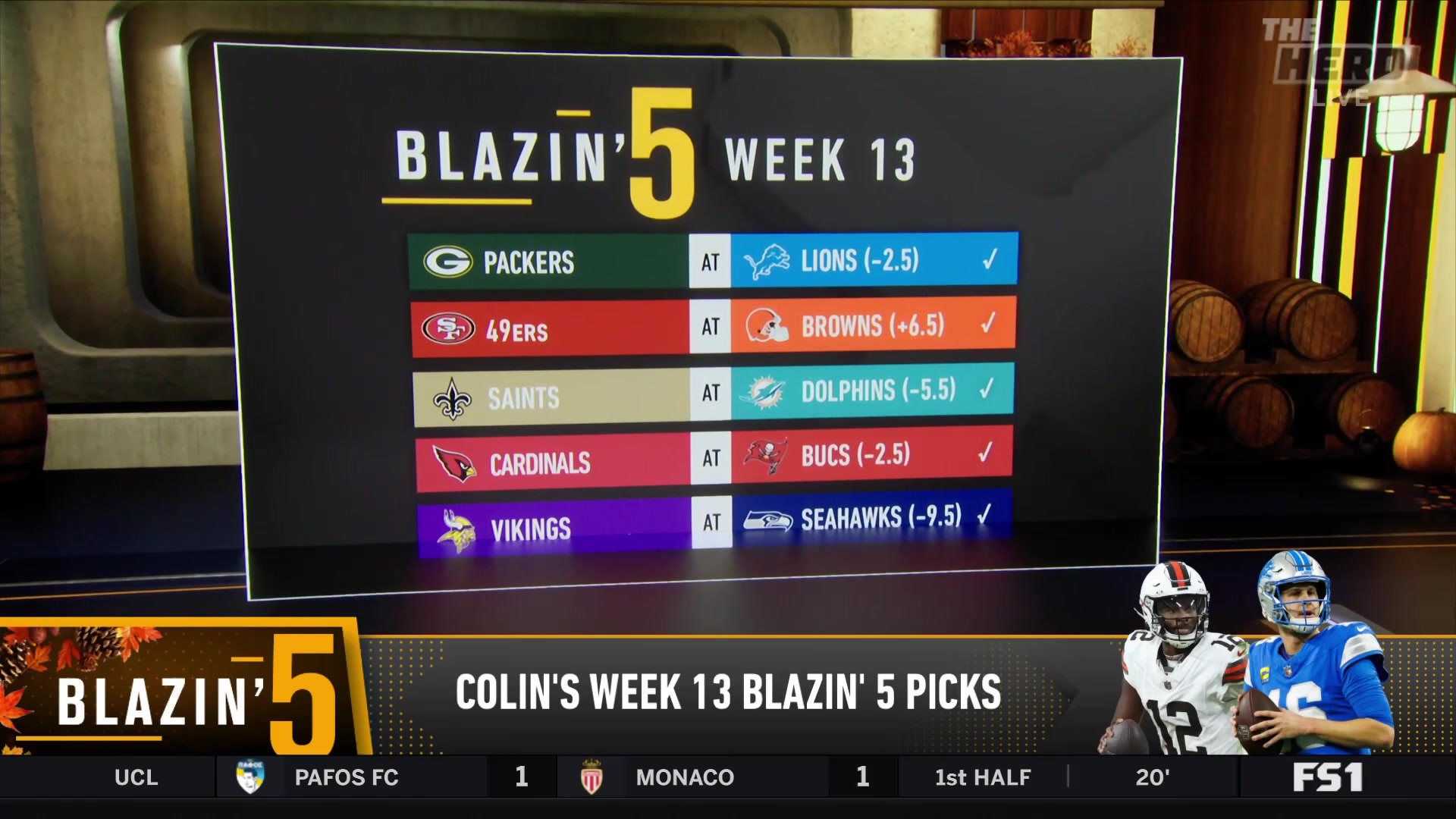Colin Cowherd's Blazin' 5 Week 13 picks summary