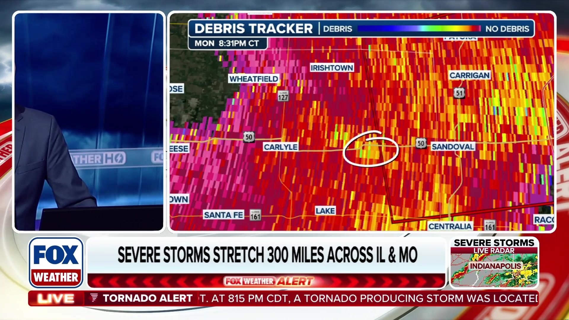 Confirmed tornado and radar debris near Carlyle, IL