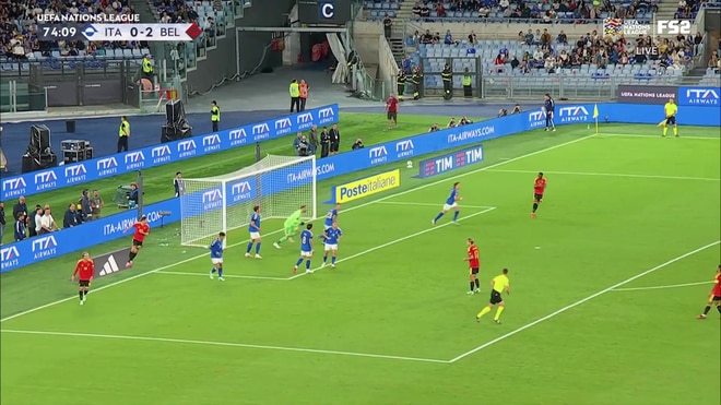 Mika Godts' low shot is saved at the near post