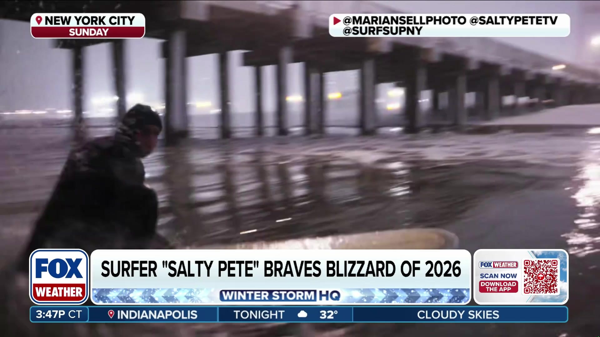 Queens-born surfer "Salty Pete" shreds massive waves during a blizzard