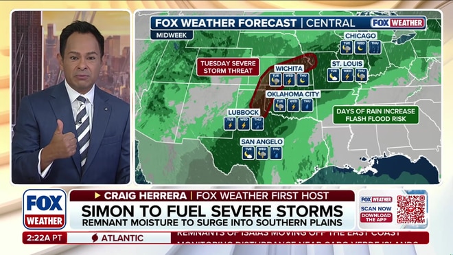 Hurricane Simon's moisture threatens the Plains with severe storms