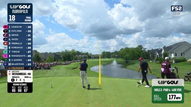 Jon Rahm, Thomas Pieters, and Bryson DeChambeau tee off on the second hole