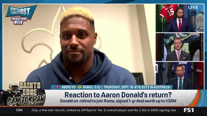 Cam Jordan reacts to Aaron Donald returning to play with Miles Garrett
