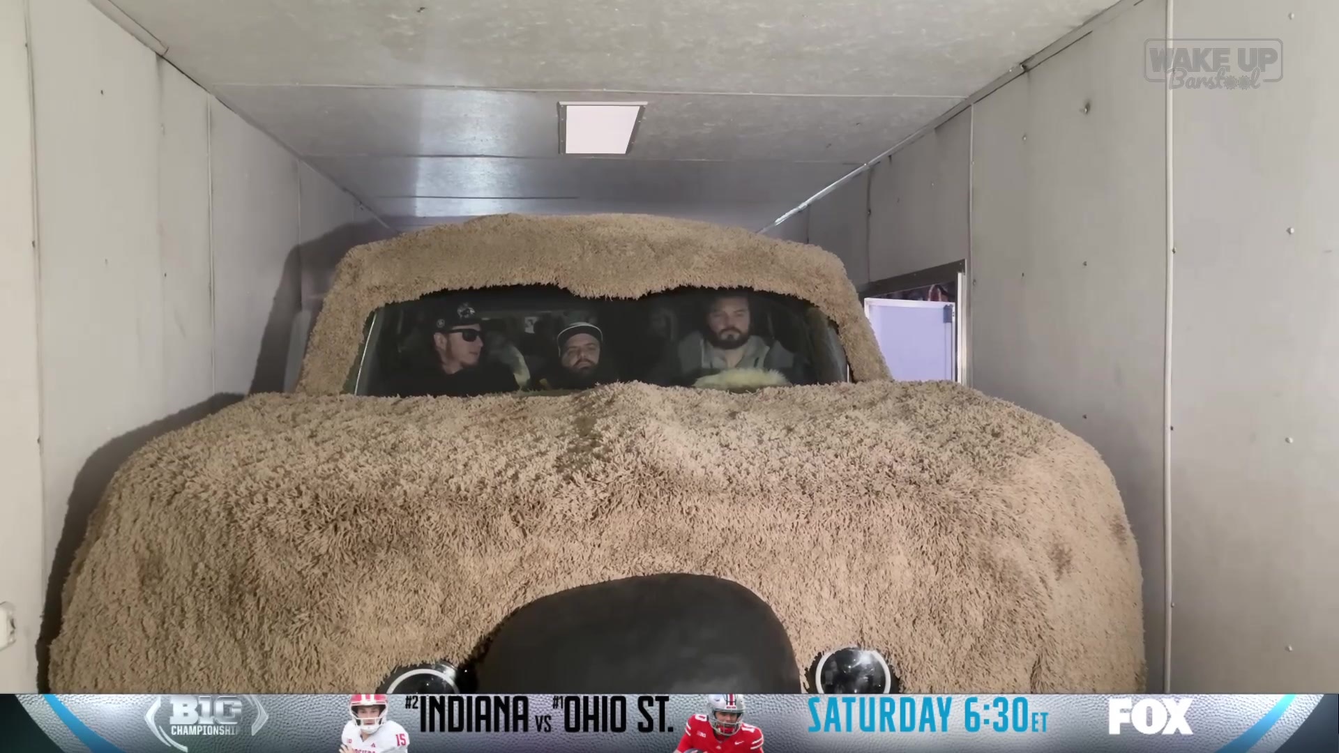 Three guys repeatedly say "6-7" in a fluffy car