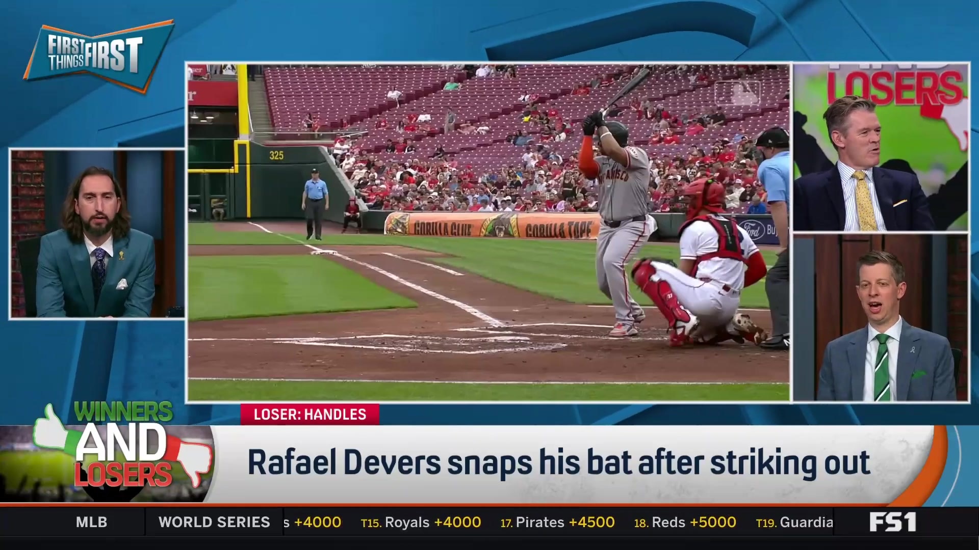 Rafael Devers snaps bat after striking out