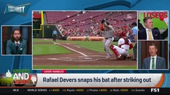 Rafael Devers snaps bat after striking out