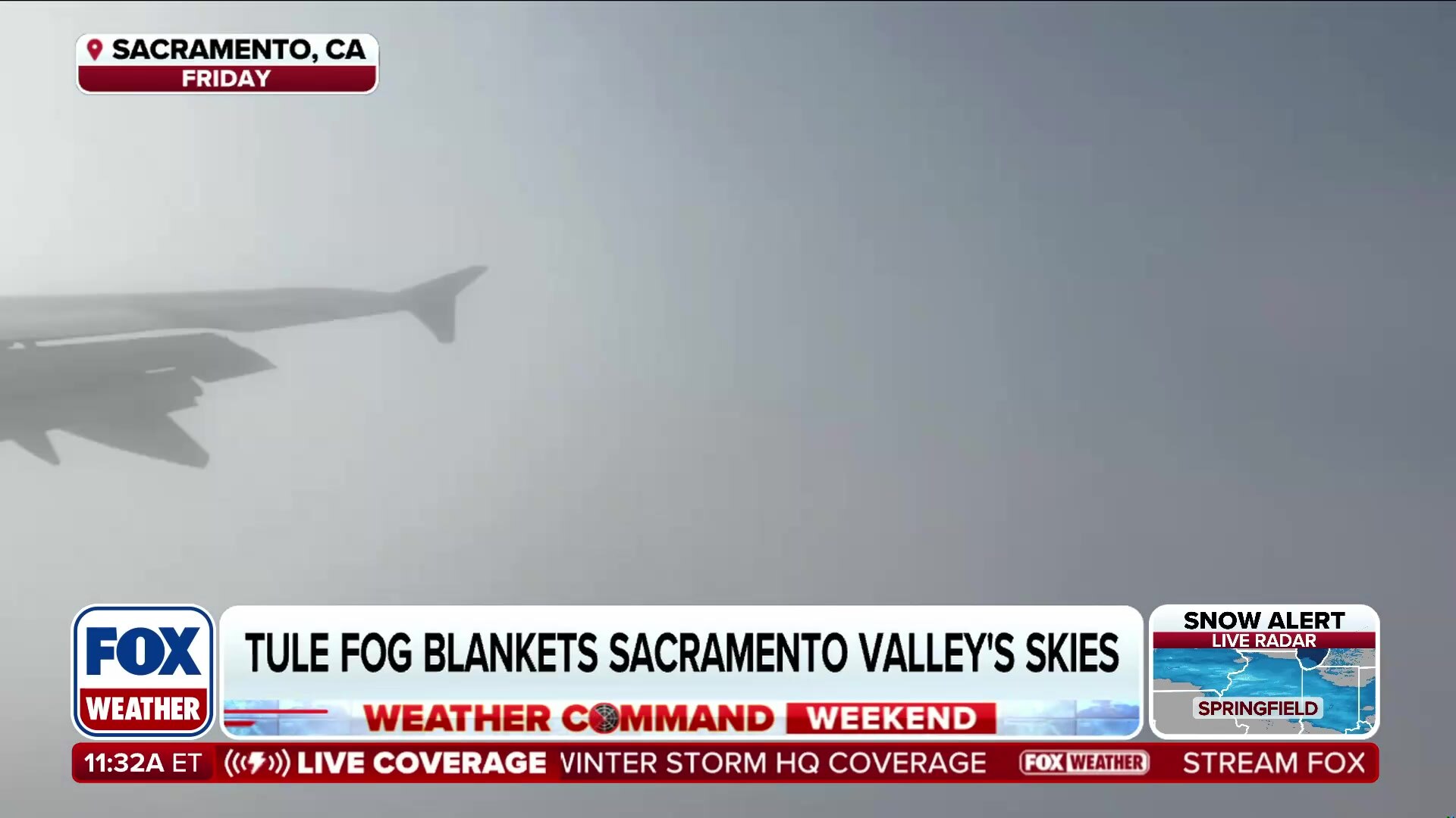 Aerial view reveals dense Tule fog blanketing Sacramento Valley