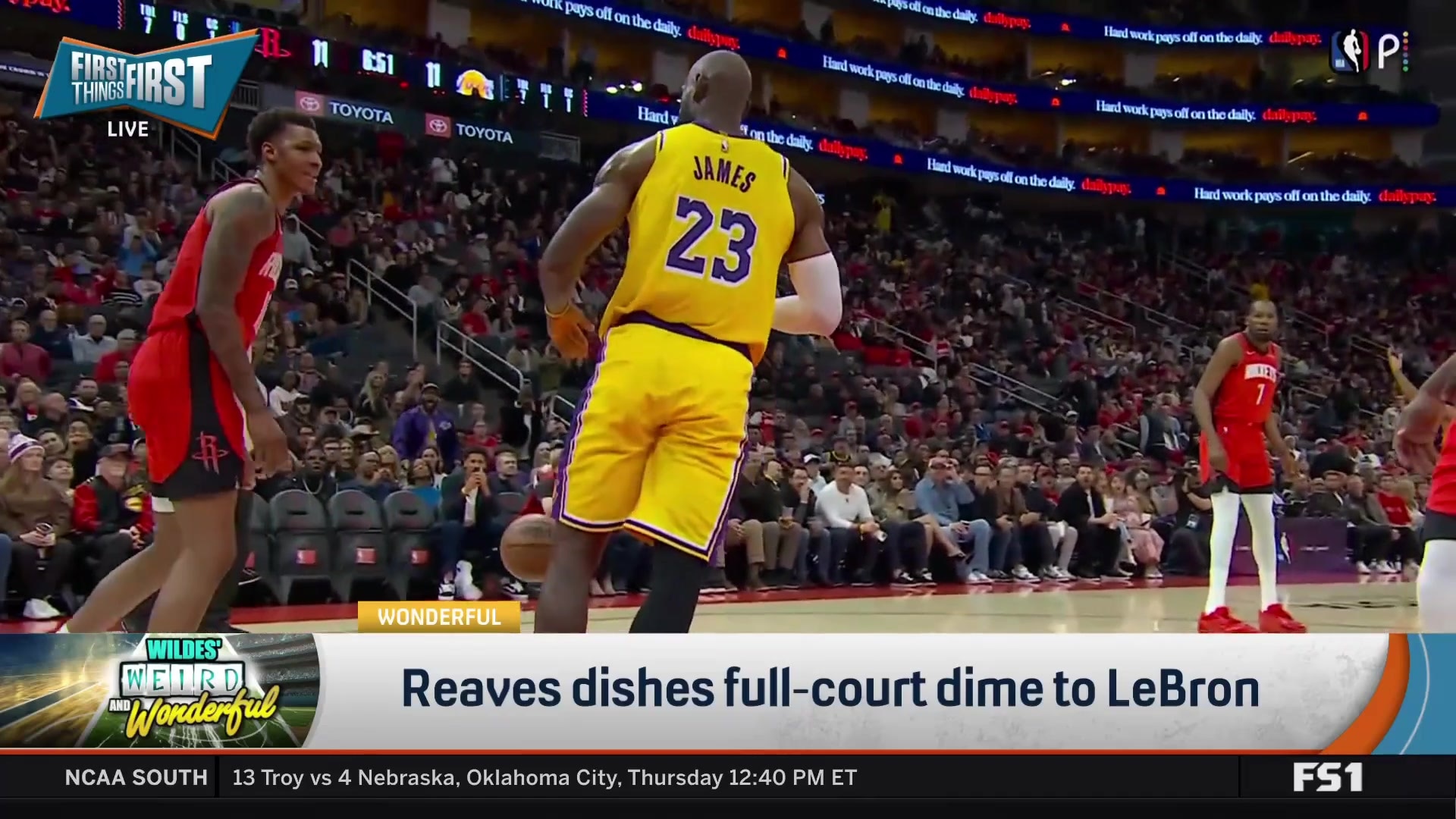Austin Reaves throws full-court pass to LeBron James for a dunk