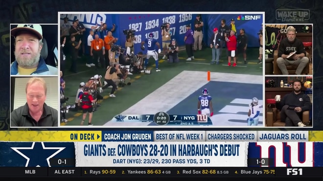 Jon Gruden reacts to the Giants' upset win over the Cowboys in Harbaugh's debut