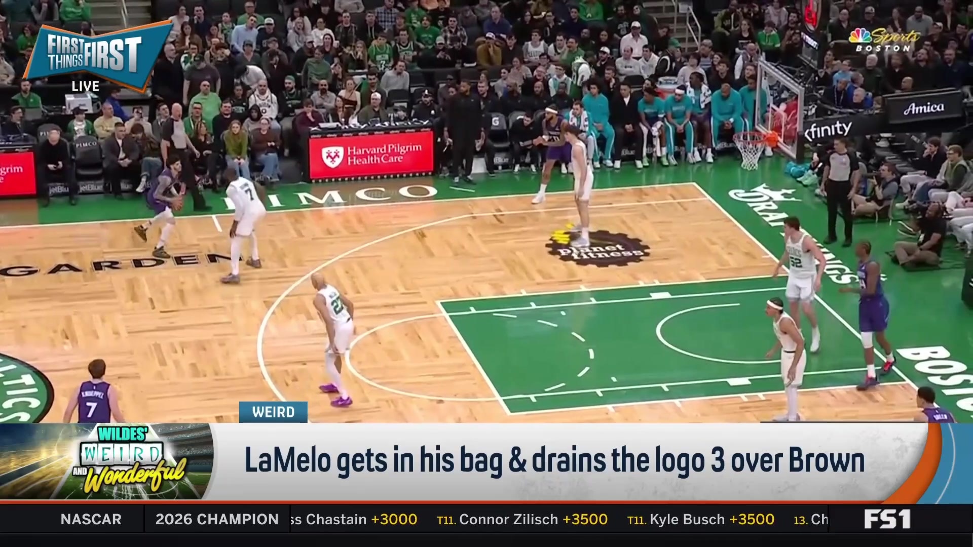 LaMelo Ball drains a logo three-pointer over Brown