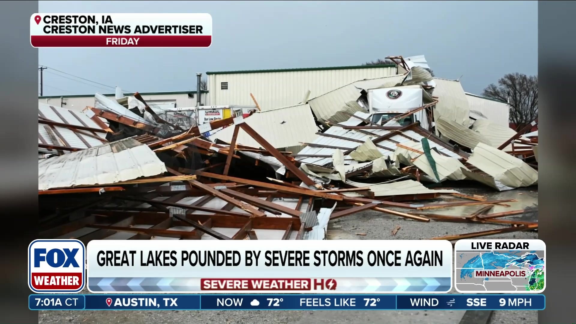 Severe storms bring tornadoes and damage to Great Lakes region