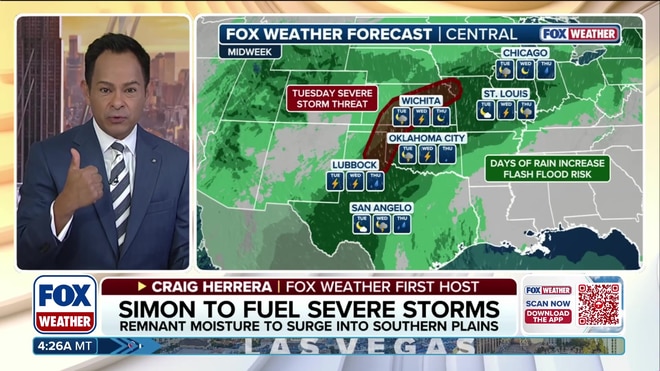 Tropical moisture from Hurricane Simon threatens the Plains with severe weather