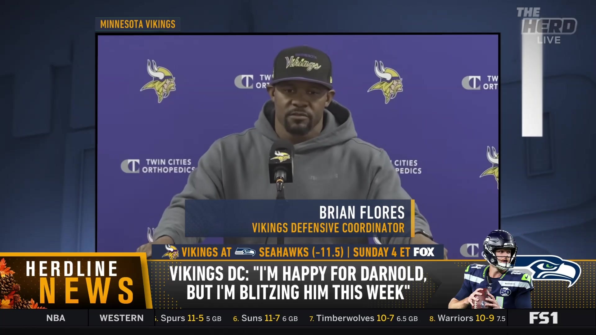 Vikings DC Brian Flores jokingly threatens to blitz Sam Darnold