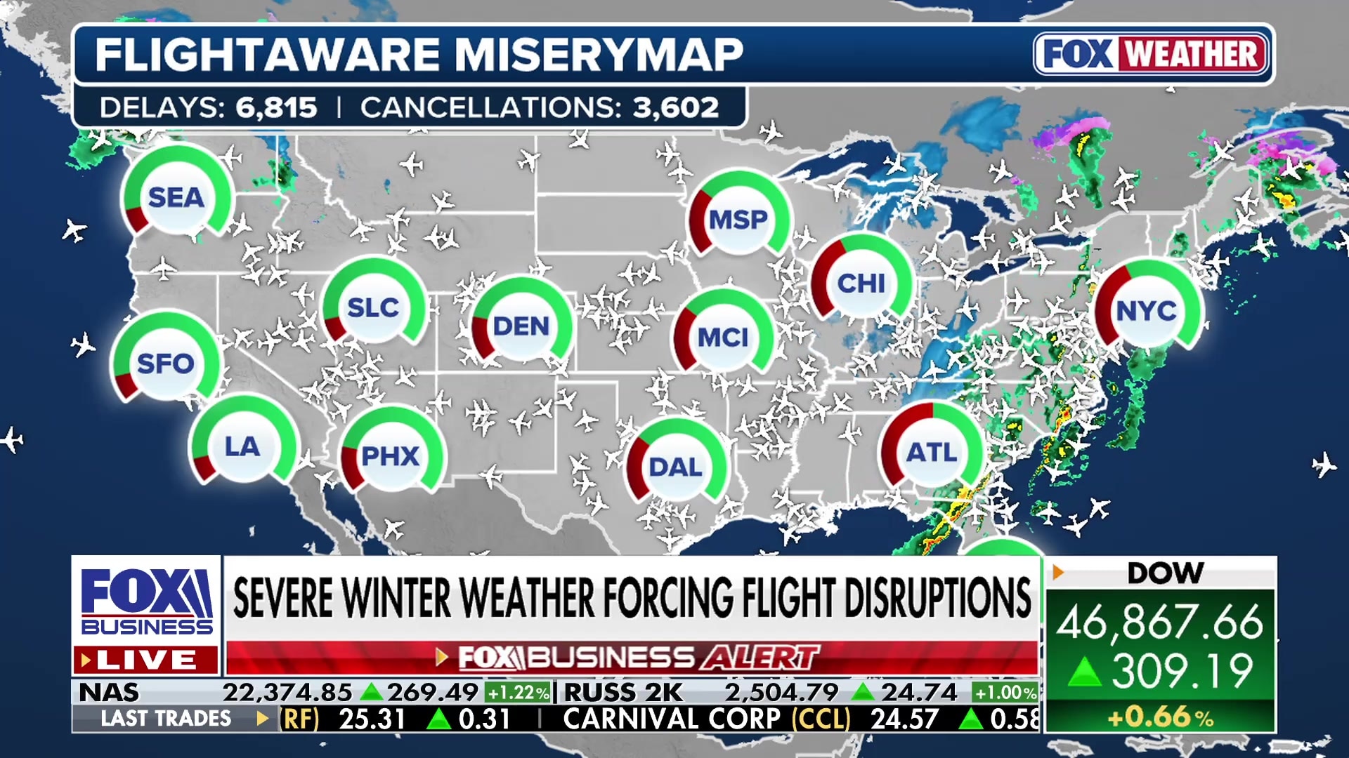 Flightaware MiseryMap shows over 10,000 flights disrupted nationwide