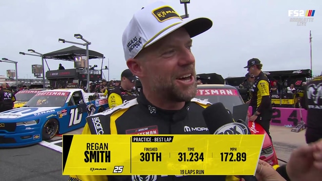 Regan Smith reacts to driver coach Michael Waltrip's qualifying advice