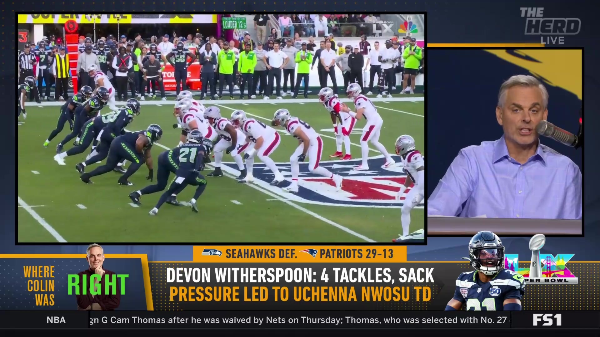 Colin Cowherd praises Devon Witherspoon's physical dominance in the Super Bowl
