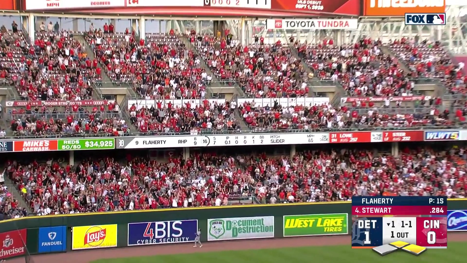 Sal Stewart launches a 3-run home run to deep left field