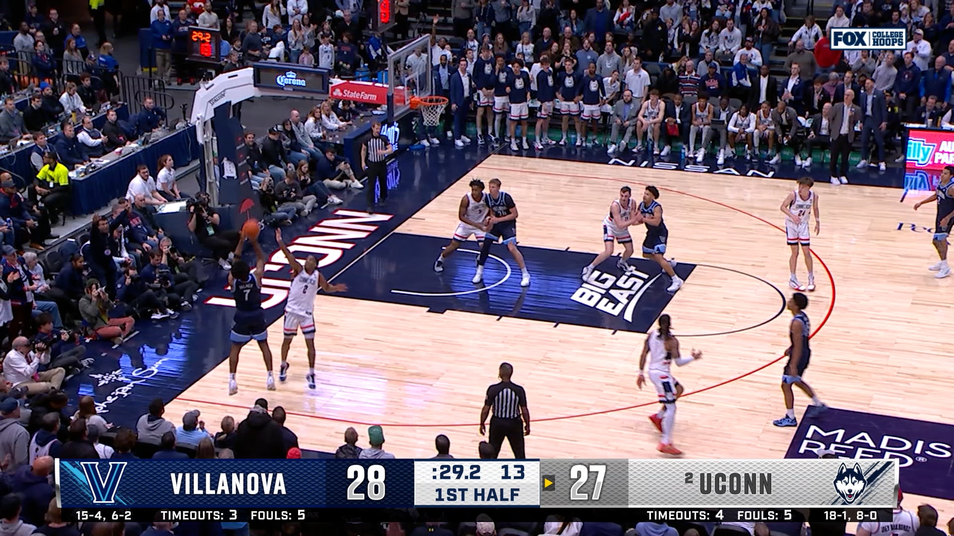 Malachi Palmer hits a corner three, extending Vilanova’s lead over UConn