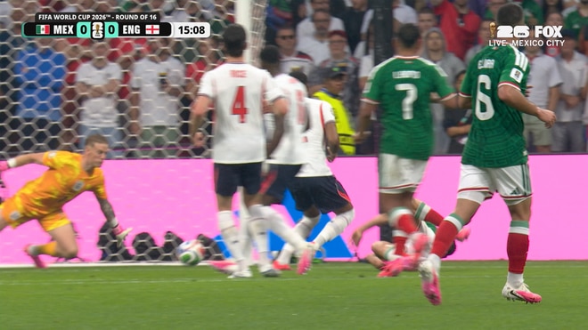 England's Jordan Pickford stops Raúl Jiménez's header from inside the box to keep score level vs Mexico | 2026 FIFA World Cup™