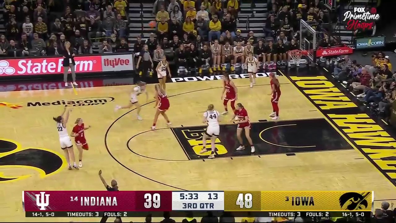 Caitlin Clark sinks a 3-pointer as Iowa extends its lead over Indiana