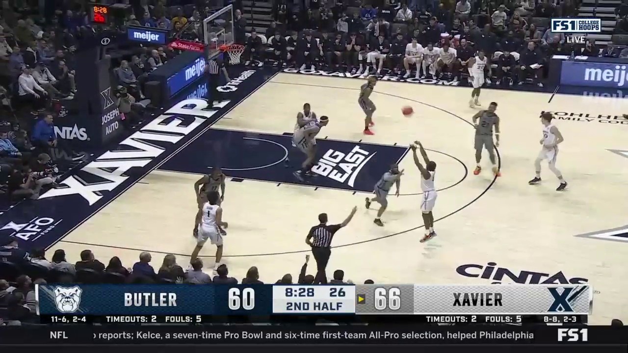 Quincy Olivari hits a three to help Xavier take a 69-60 lead vs. Butler