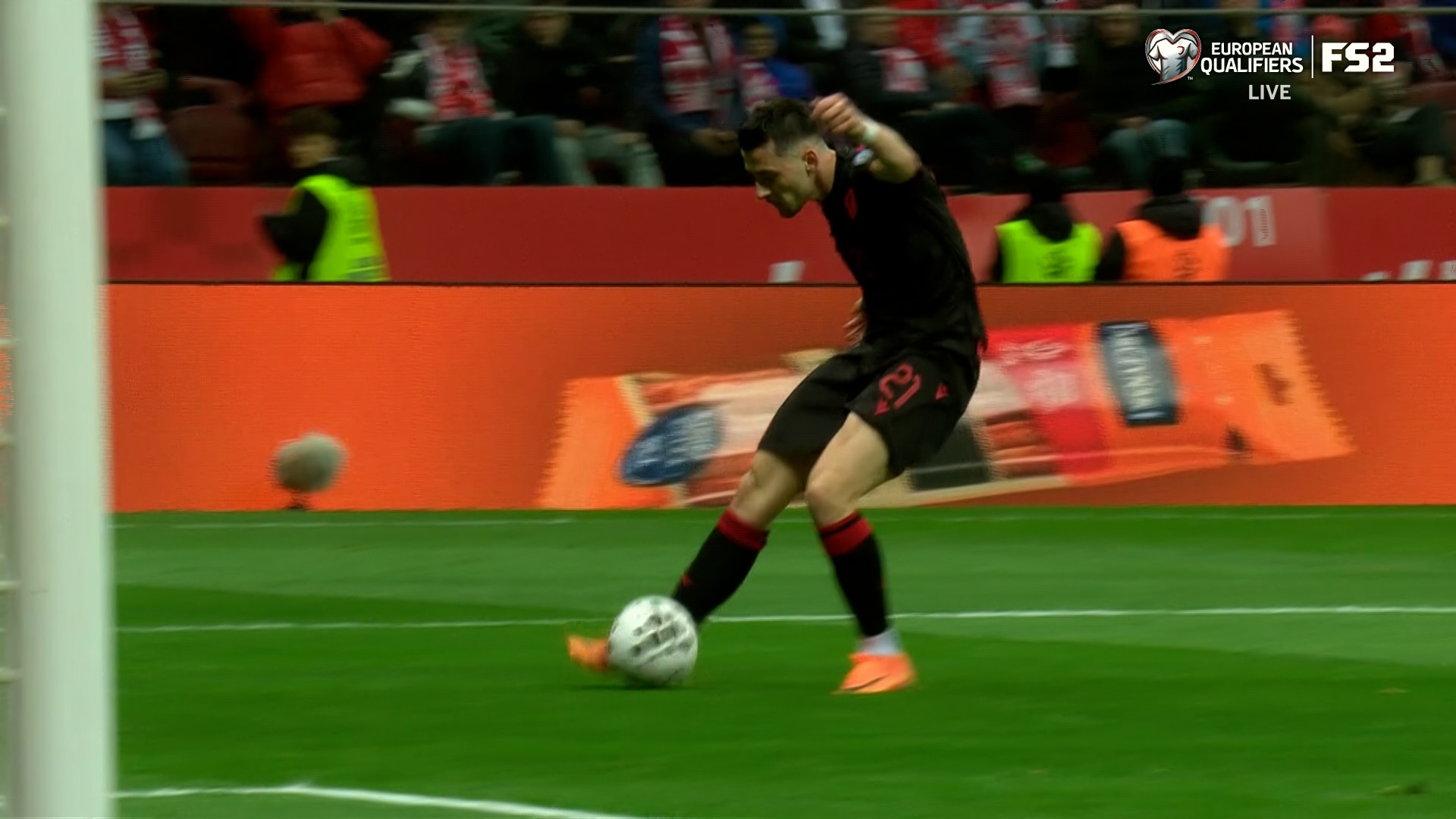 Arbër Hoxha finds the back of the net from inside the box, giving Albania 1-0 lead over Poland