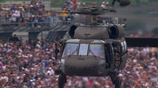 Military Helicopters lead the Pace Lap for America at the Indy 500