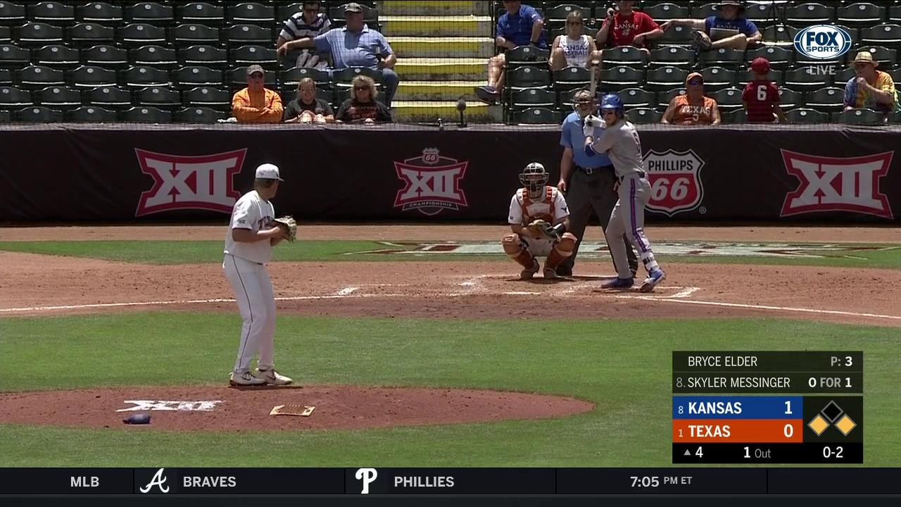 WATCH: Skyler Messinger sac fly gives Kansas 2-0 lead over Texas | Big 12 Baseball Tournament
