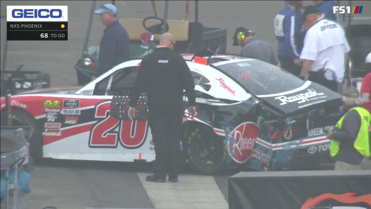 Christopher Bell picks up damage after Stephen Leicht's engine explodes
