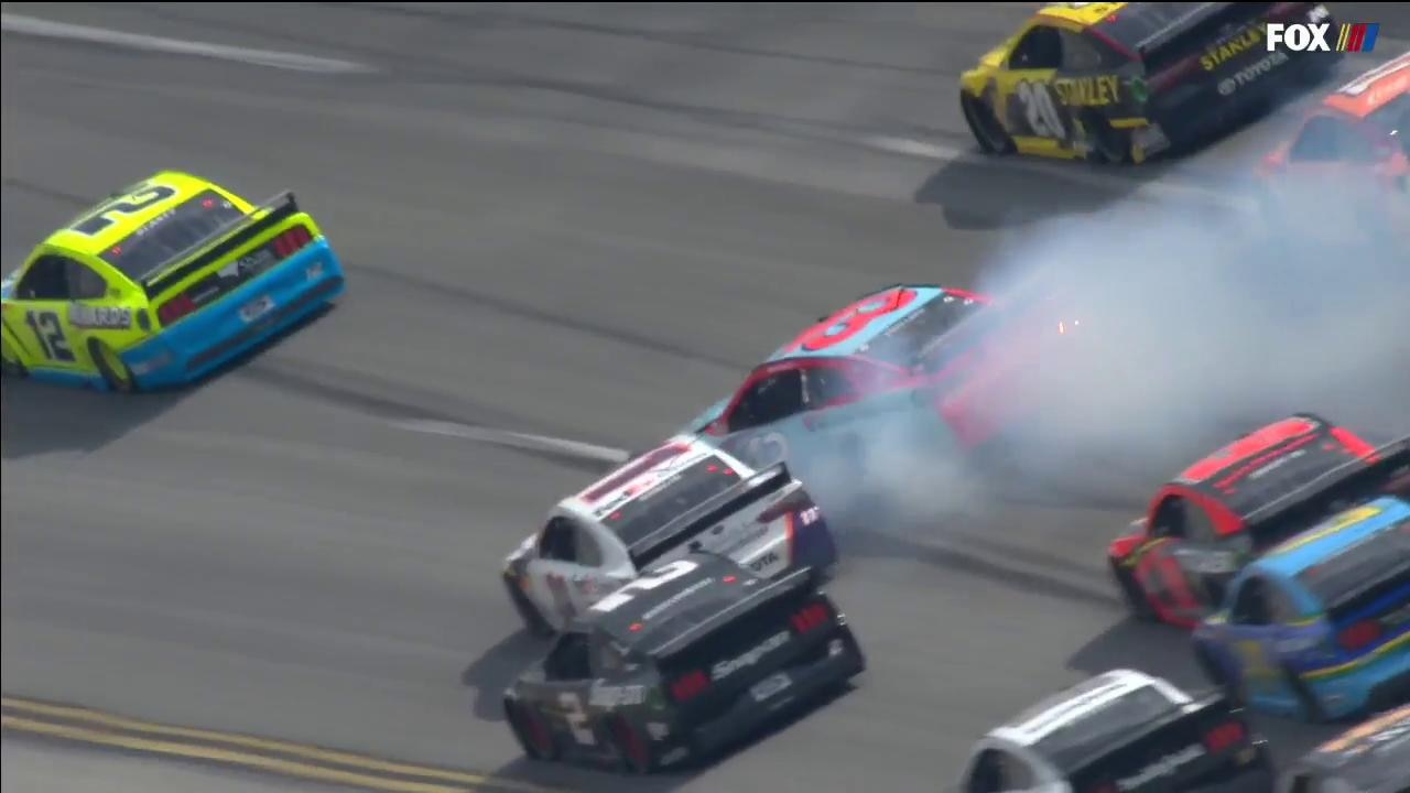 Bubba Wallace gets loose in turn 1 causing the first wreck of Talladega