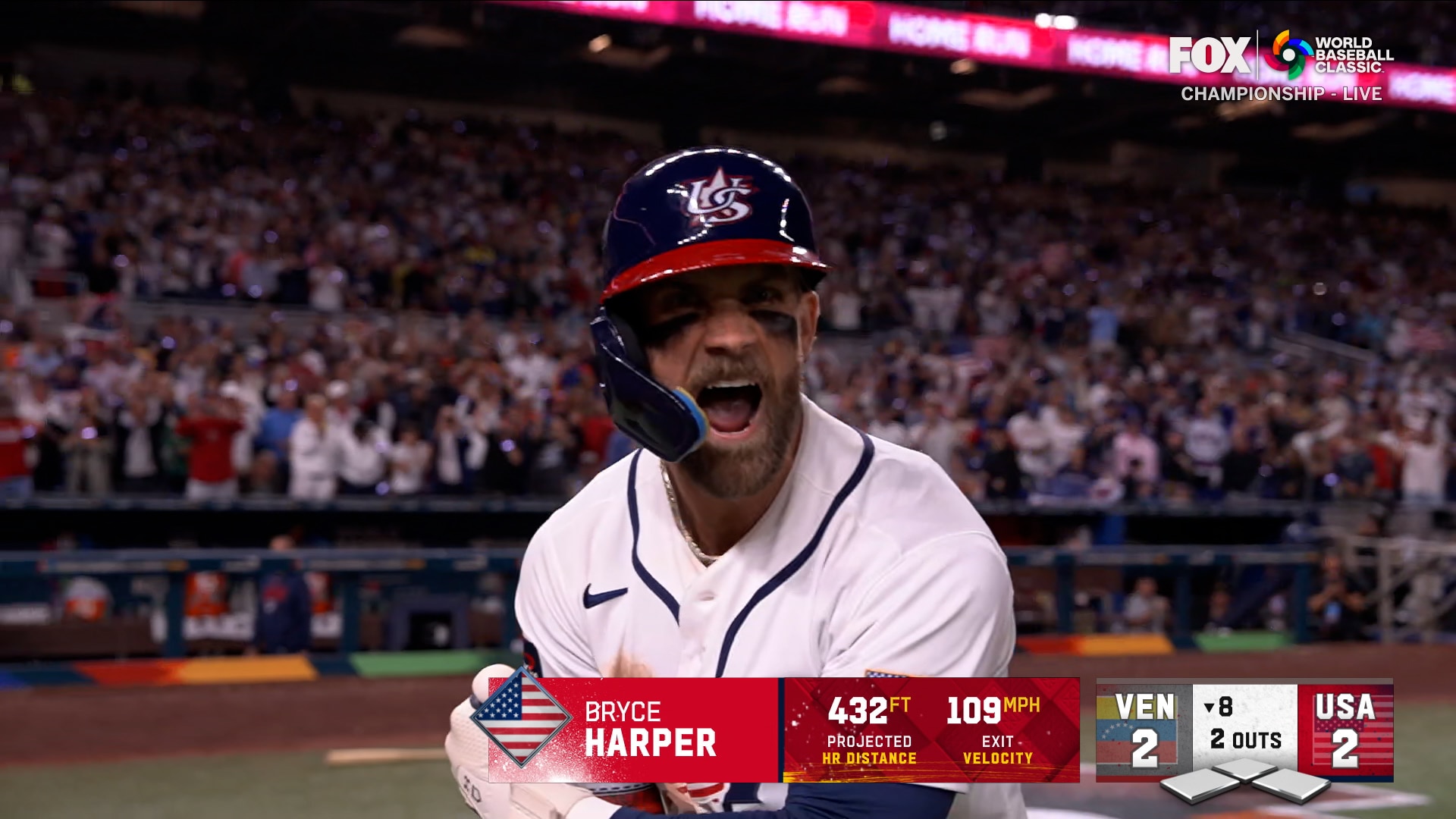 United States' Bryce Harper hits two-run homer, tying game against Venezuela