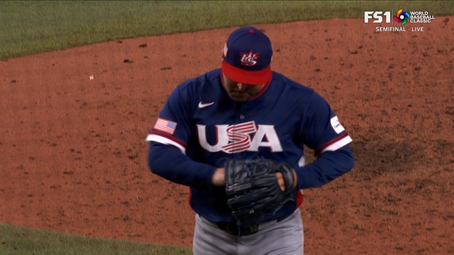 United States' David Bednar strikes out Ketel Marte with two men in scoring position, retaining lead over Dominican Republic