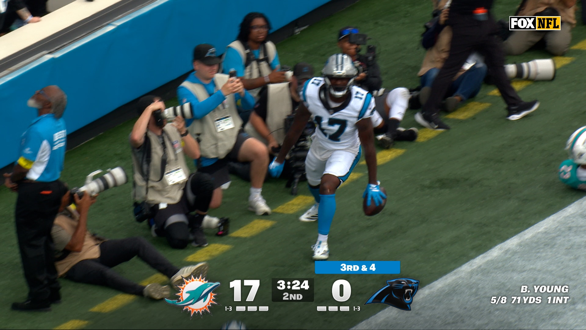 Bryce Young connects with Xavier Legette for seven-yard TD, shrinking Panthers' deficit against Dolphins | NFL Highlights
