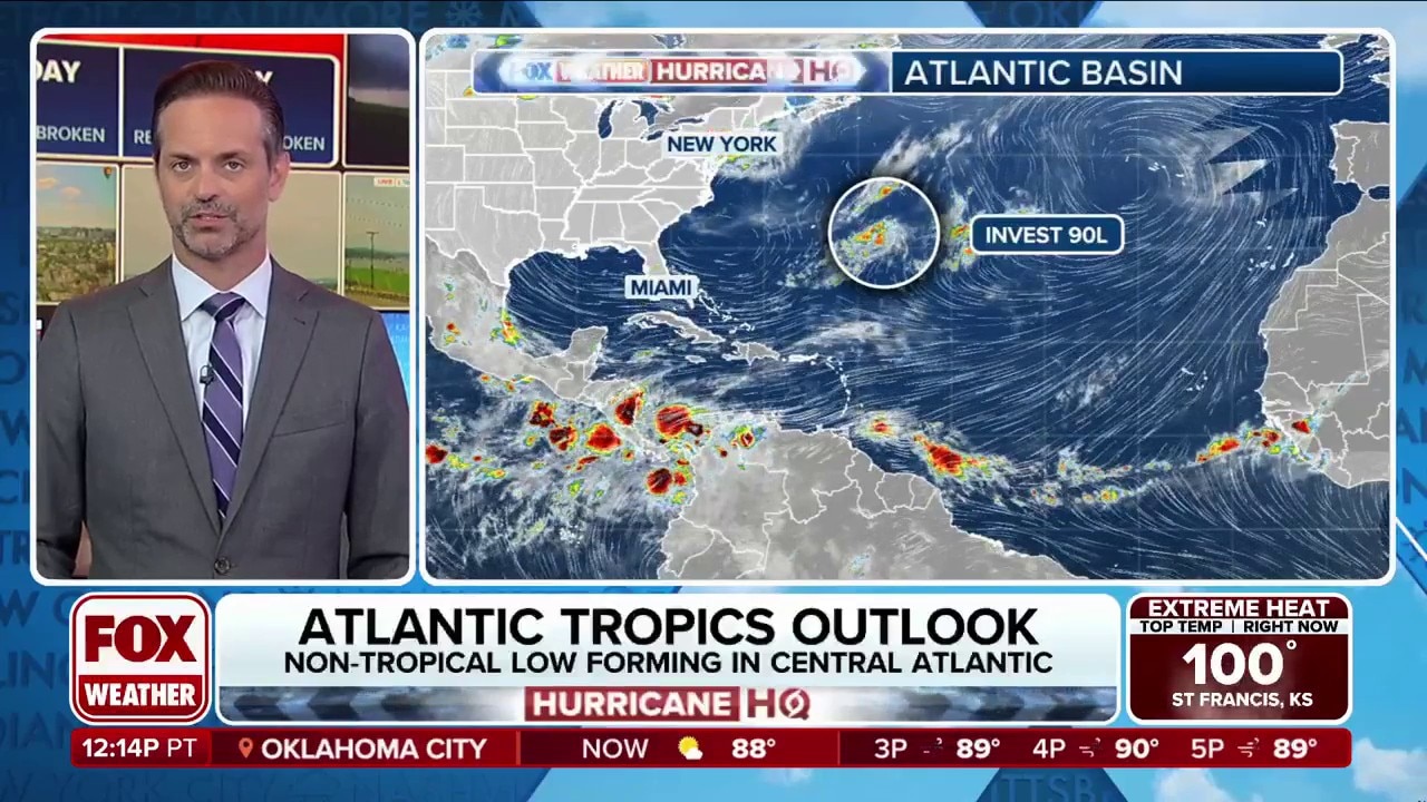Invest 90L monitored for tropical development in central Atlantic this week