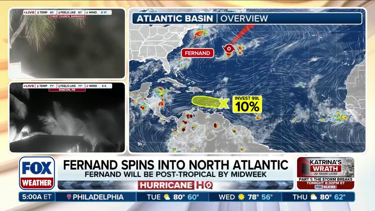 Tropical Storm Fernand strengthens as development chances for Invest 99L dwindle