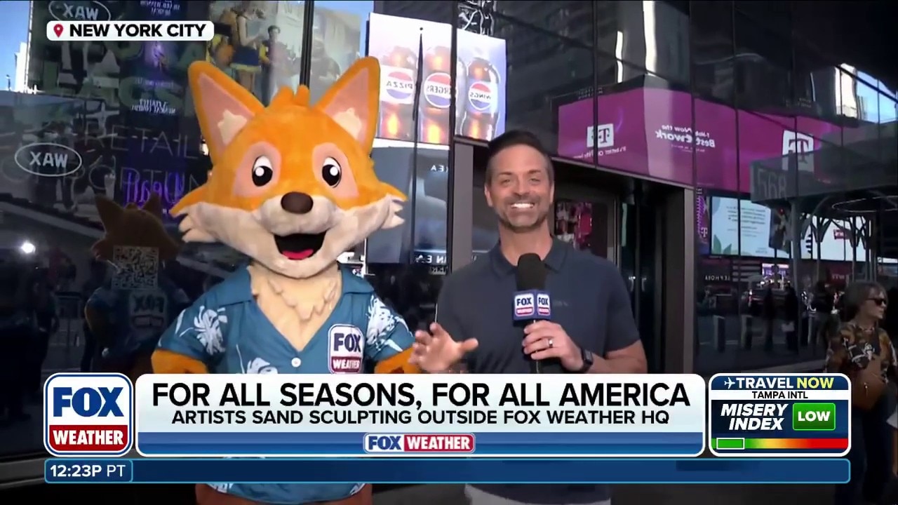 Nick Kosir and Sonny stroll through Times Square 